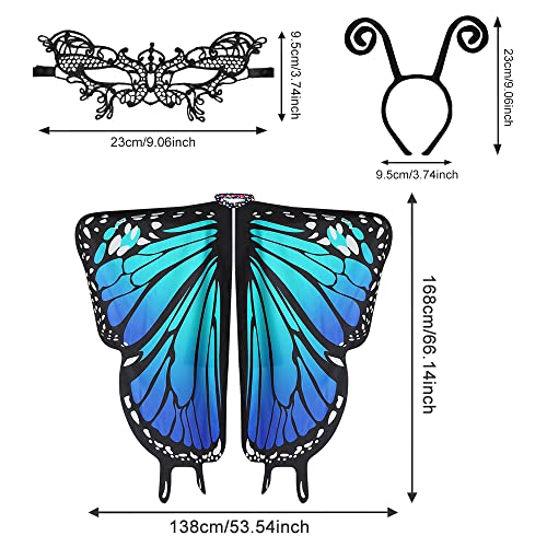 EMAGEREN Butterfly Wings Adult Butterfly Wings Costume Adult Women Butterfly Wings Shawl Fairy Ladies Cape Nymph Pixie Costume Accessory with Headband and Lace Mask for Christmas Halloween Cosplay