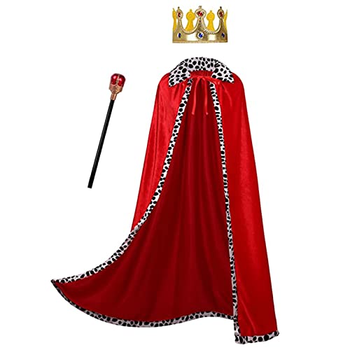 maxToonrain King Costume Kids,Men's Red Cape Velvet Halloween Costumes For Men King Crown And Sceptre Set Adults Funny Fancy Dress Cosplay World Book Day Kids Boys(Red Crown,150)