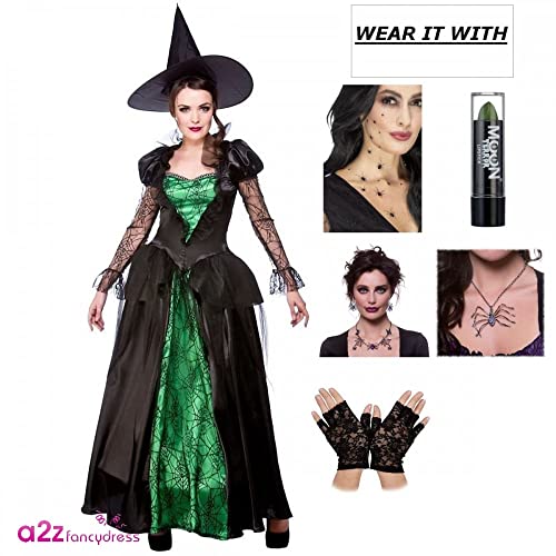 Adult Ladies Deluxe Emerald Witch Halloween Fancy Dress Costume (Medium)