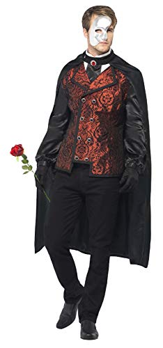 Smiffys Adult men's Dark Opera Masquerade Costume, Cape, Mock Shirt, Mask, Gloves and Faux Rose, Carnival of the Damned, Halloween, Size L, 24574,Black