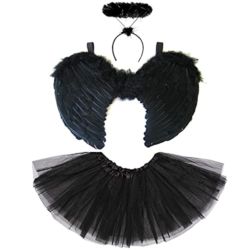 Black Angel Wings and Halo Adult Dark Angel Costume - Black Wings Tutu and Black Halo Fallen Angel Costume Womens Halloween Costume - Dark Angel Wings Angel Set for Halloween Black Angel Costume