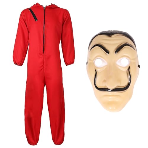 Adults Unisex Bank Robber Fancy Dress Costume - Red Jump Suit With Hood Costume & Face Mask - T.V. Show Fancy Dress (Small - 44 Inch Chest)