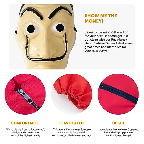 Adults Unisex Bank Robber Fancy Dress Costume - Red Jump Suit With Hood Costume & Face Mask - T.V. Show Fancy Dress (Small - 44 Inch Chest)