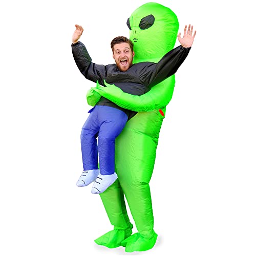 Rafalacy Inflatable Alien Costume for Adult Green Alien Holding Human Costume Funny Halloween Blow up Costume Space Fancy Dress(Adult)