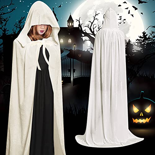 kuou Full Length Hooded Velvet Cloak, Unisex Halloween Cape Costume for Devil Witch Vampire Fancy Cosplay, 57", White