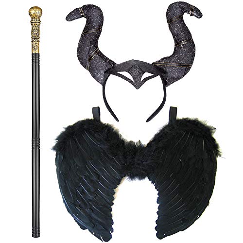 Witch Costume Evil Halloween Witch - Black Angel Wings Halloween Staff Black Horns Halloween Headband Witch Costume Accessories - Black Wings Dark Angel Costume Black Devil Horns Black Angel Costume