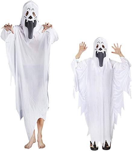 Halloween Ghost Costume with Full Head Cover Adults White Cosplay Robe Horror Costume Outfit Zombie Cloak Spooky Ghastly Ghost Funny Halloween Fancy Dress Party Supplies for Women Men