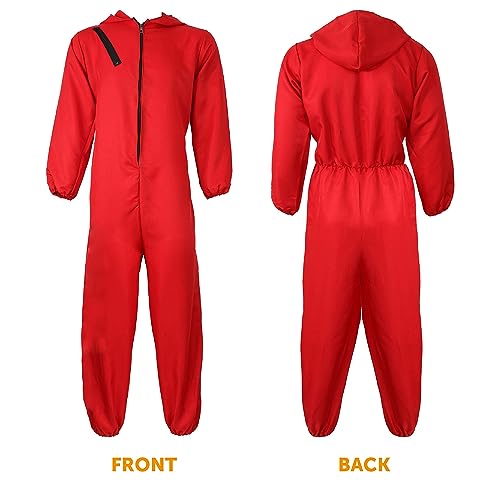 Adults Unisex Bank Robber Fancy Dress Costume - Red Jump Suit With Hood Costume & Face Mask - T.V. Show Fancy Dress (Small - 44 Inch Chest)