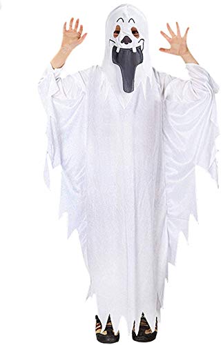 Halloween Ghost Costume with Full Head Cover Adults White Cosplay Robe Horror Costume Outfit Zombie Cloak Spooky Ghastly Ghost Funny Halloween Fancy Dress Party Supplies for Women Men