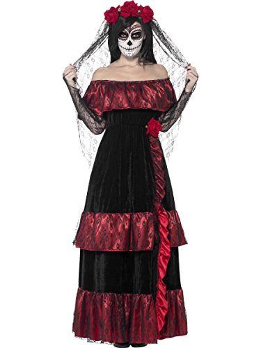 Smiffys Adult Women's Day of the Dead Bride Costume, Dress and Rose Veil, Day of the Dead, Halloween, Size: L, 43739