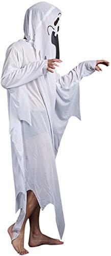 Halloween Ghost Costume with Full Head Cover Adults White Cosplay Robe Horror Costume Outfit Zombie Cloak Spooky Ghastly Ghost Funny Halloween Fancy Dress Party Supplies for Women Men