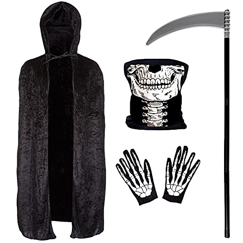 Grim Reaper Costume Adult 4 Piece Skeleton Costume - Skeleton Mask & Skeleton Gloves Grim Reaper Scythe Grim Reaper Robe - Adult Grim Reaper Halloween Costume Scary Halloween Costumes for Men