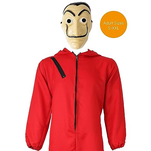 Adults Unisex Bank Robber Fancy Dress Costume - Red Jump Suit With Hood Costume & Face Mask - T.V. Show Fancy Dress (Small - 44 Inch Chest)
