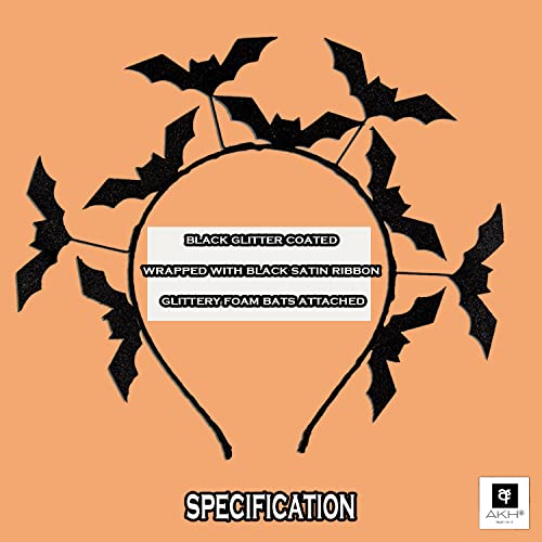 AKH® Halloween Bat Headband | One Size | Black Glitter Bat Headband | Halloween Fancy Dress Costume Accessories | Witch Headwear | For Adults Kids Men Women Unisex