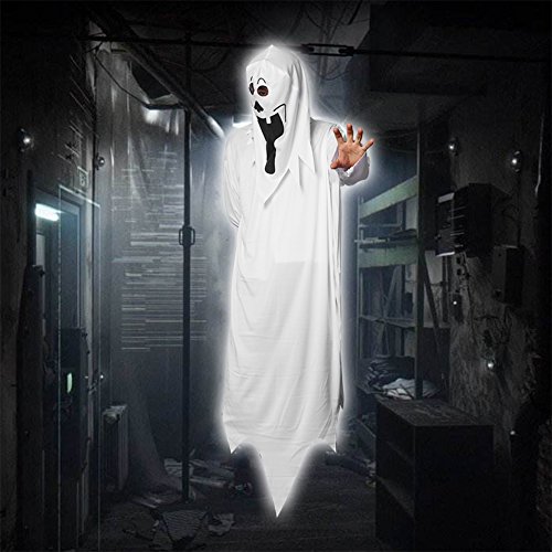 Halloween Ghost Costume with Full Head Cover Adults White Cosplay Robe Horror Costume Outfit Zombie Cloak Spooky Ghastly Ghost Funny Halloween Fancy Dress Party Supplies for Women Men