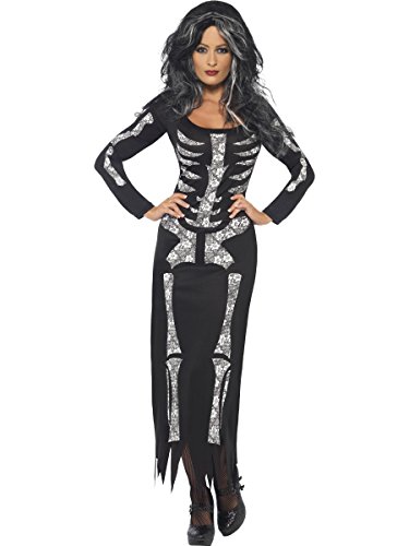 Smiffys Adult Women's Skeleton Costume, Long Sleeved Tube Dress, Legends of Evil, Halloween, Size: 12-14, 38873