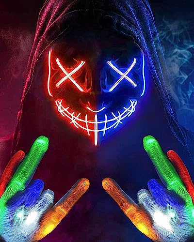 Halloween Mask LED Mask & Gloves in Multiple Light Modes, The Purge Mask Purge Costume, Light up Scary Mask Gloves, Halloween Costumes for Men Adults Kids Boys,Anonymous Neon Mask Halloween Gifts