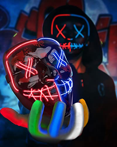 Halloween Mask LED Mask & Gloves in Multiple Light Modes, The Purge Mask Purge Costume, Light up Scary Mask Gloves, Halloween Costumes for Men Adults Kids Boys,Anonymous Neon Mask Halloween Gifts