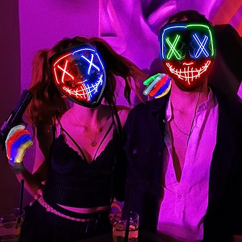 Halloween Mask LED Mask & Gloves in Multiple Light Modes, The Purge Mask Purge Costume, Light up Scary Mask Gloves, Halloween Costumes for Men Adults Kids Boys,Anonymous Neon Mask Halloween Gifts