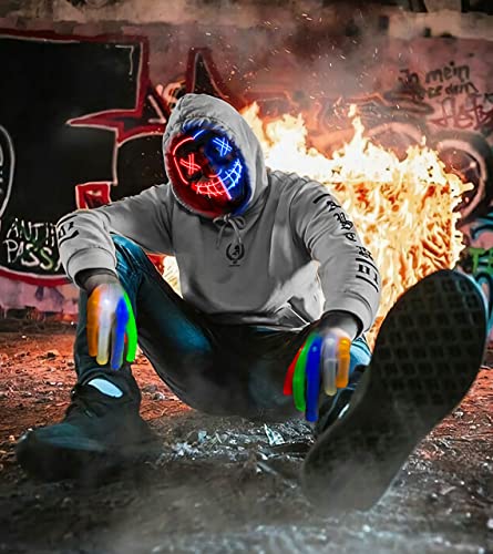 Halloween Mask LED Mask & Gloves in Multiple Light Modes, The Purge Mask Purge Costume, Light up Scary Mask Gloves, Halloween Costumes for Men Adults Kids Boys,Anonymous Neon Mask Halloween Gifts