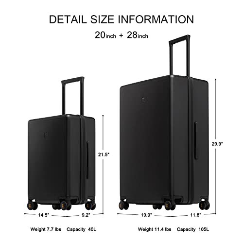 LEVEL8 Suitcase Set Hand Luggage Suitcases Lightweight 100% PC Trolley Case Micro-Diamond Textured Design, Carry on Luggage Set with 8 Spinner Wheels,TSA Approved(Black, 2-Piece Set,40L/105L)