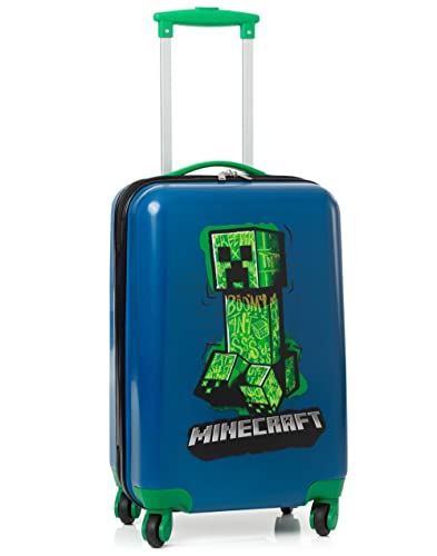 Minecraft Cabin Suitcase Kids | Boys Girls Teens Game Villain Creeper Blue Small Hard Cover Carry On Extendable Handle