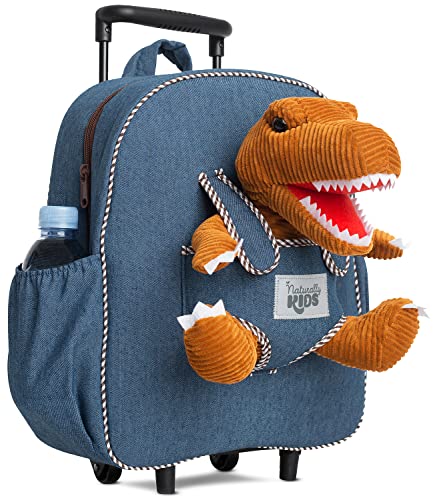 Naturally KIDS Dinosaur Backpack - Dinosaur Toys for Kids 3-5 - Kids Suitcase for Boys Girls w Stuffed Animal - Gifts for 7 Year Old Boy - w Pockets & Reflective Logo - Rolling Backpack w Brown T Rex