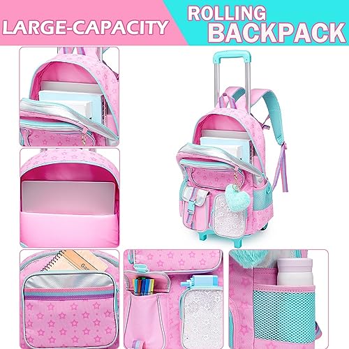 Meetbelify Pink Aesthetic Backpack with Wheels for Girls Rolling Backpack Cute Kawaii Carry on Backpack for Elementary Student Teen Girls Luggage Travel Suitcase Girls 8-10