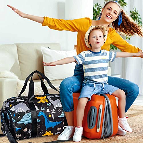 Kids Duffle Bag for Travel, Boys Gym Duffel Bags with Shoe Compartment Little Kid Weekender Overnight Bag Sleepover, Black Dinosaur