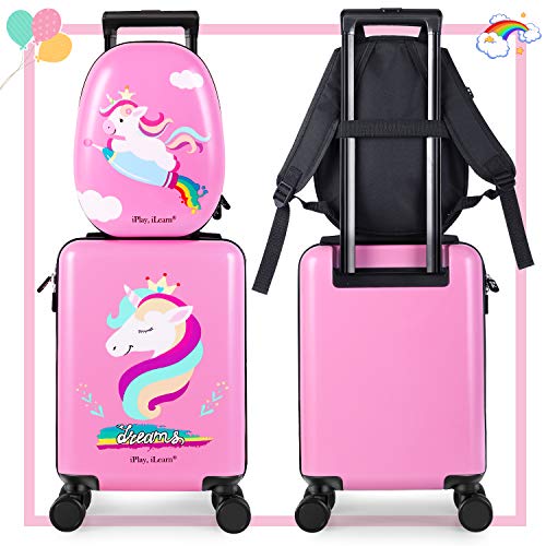 iPlay, iLearn Unicorn Kids Luggage, Girls Carry on Suitcase W/ 4 Spinner Wheels, Pink Travel Luggage Set W/Backpack, Trolley Luggage for Children Toddlers