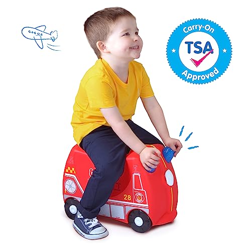 Trunki Ride-On Kids Suitcase | Tow-Along Toddler Luggage | Carry-On Cute Bag with Wheels | Airplane Travel Essentials: Frank Fire Truck Red