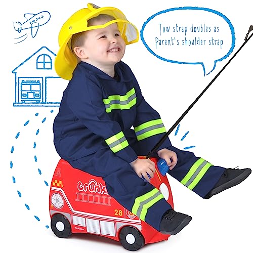 Trunki Ride-On Kids Suitcase | Tow-Along Toddler Luggage | Carry-On Cute Bag with Wheels | Airplane Travel Essentials: Frank Fire Truck Red
