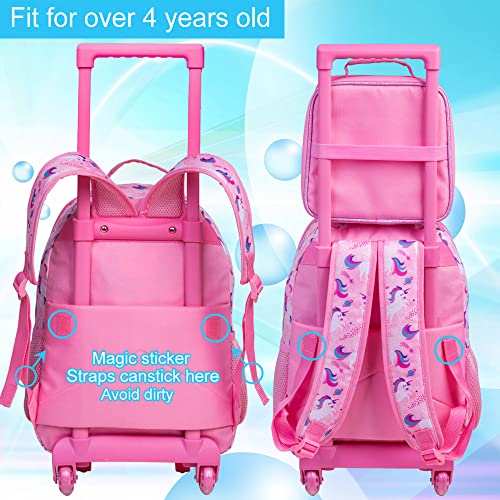 KLFVB Rolling Backpack for Girls, Kids Roller Wheels School Bookbag with Lunch Bag, Wheeled School Bag for Children - Unicorn