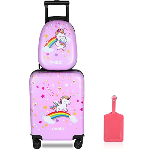 ovatis Kid Luggage Case and Backpack with Luggage Tag 18 Inch Suitcase and 13 Inch Backpack Suitcase for Girls (Pink, Unicorn)