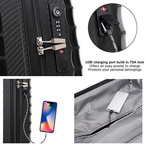 Kono Suitcase Luggage 55x35x20cm Cabin Case PP Material Lightweight Carry on with USB Charging Port Built-in TSA Lock 4 Spinner Wheels, 20'', Black