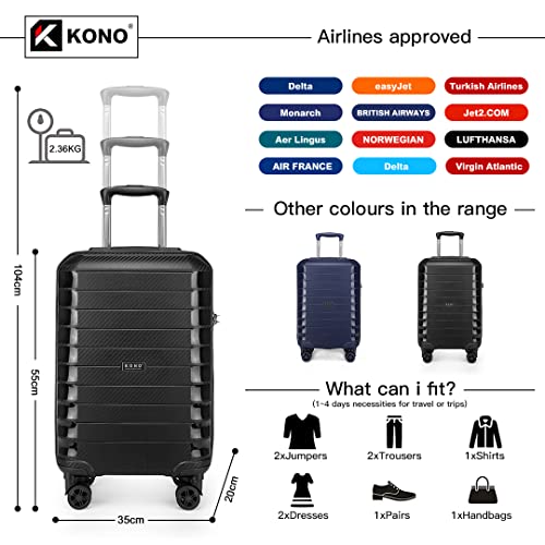 Kono Suitcase Luggage 55x35x20cm Cabin Case PP Material Lightweight Carry on with USB Charging Port Built-in TSA Lock 4 Spinner Wheels, 20'', Black
