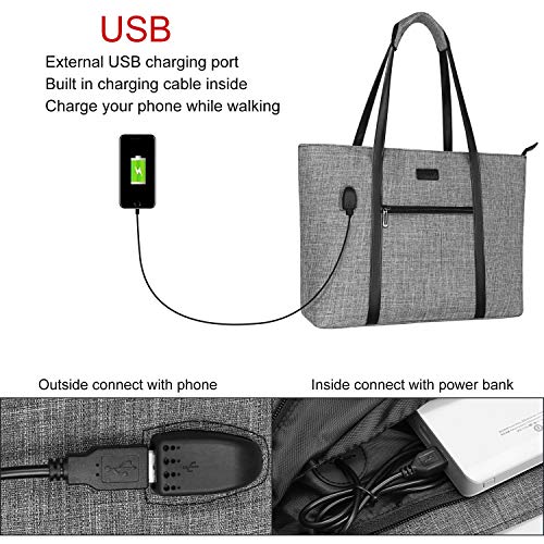 MOSISO USB Port Laptop Tote Bag for Women, Compatible with MacBook, 17-17.3 inch Notebook and Chromebook, Lightweight Durable Organizer Work Travel Business Briefcase with Small Purse, Gray