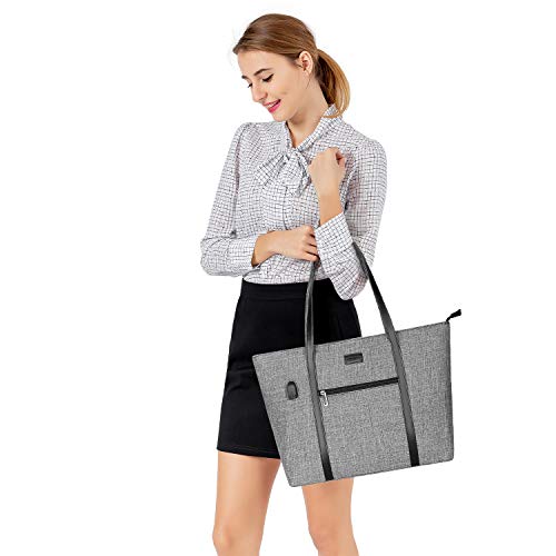 MOSISO USB Port Laptop Tote Bag for Women, Compatible with MacBook, 17-17.3 inch Notebook and Chromebook, Lightweight Durable Organizer Work Travel Business Briefcase with Small Purse, Gray