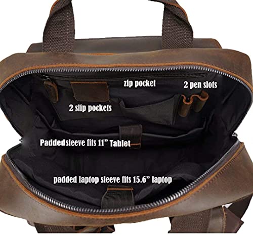 Genuine Leather Backpack for Men Vintage 15.6 Inch Laptop Bag Multi Pockets Rucksack Casual Travel Daypack Brown