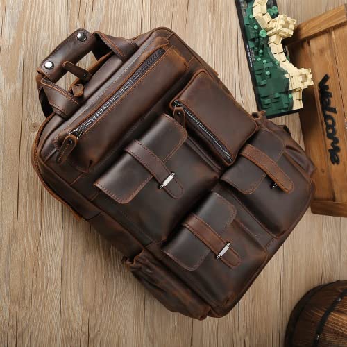 Genuine Leather Backpack for Men Vintage 15.6 Inch Laptop Bag Multi Pockets Rucksack Casual Travel Daypack Brown
