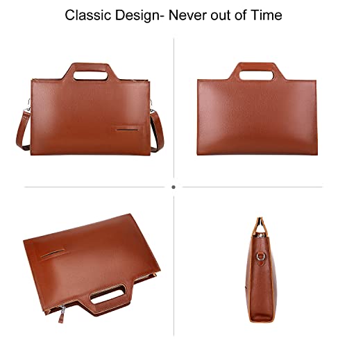 PIJUSHI Genuine Leather Briefcase for Men Women Slim Laptop Bag for Business, Brown, Pe013 Brown