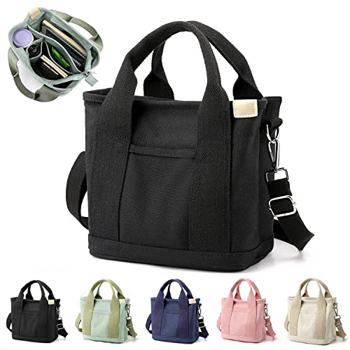 TIAASTAP Canvas Tote Bag for Women Multi-Pocket Handbags & Shoulder Bags with Zipper Crossbody Bag for School Shopping Travel Work Daily Use (Black)