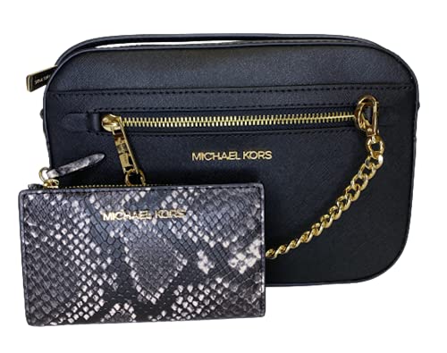 MICHAEL Michael Kors Jet Set Large Crossbody Bag bundled with Jet Set Travel SM Zip Card Case Wallet, Black/Python Embossed,