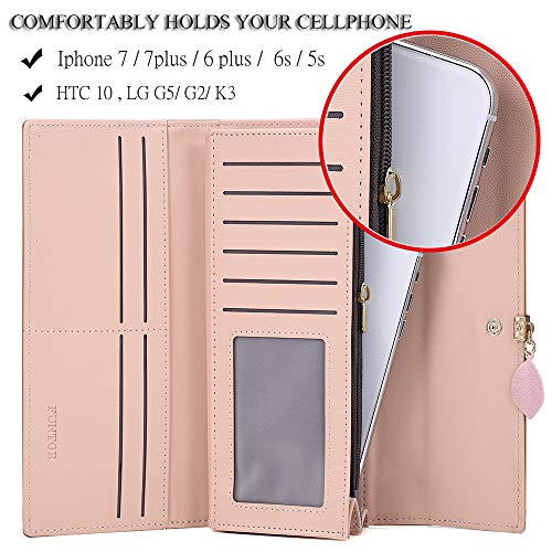 FT FUNTOR PU Leather Wallet for Women RFID Blocking Ladies Leaf Pendant Coin Zipper Long Purse with Multiple Card Slots and Card Holders Phone Pocket (Grey)