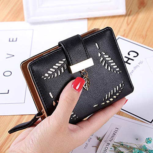 Ladies Purse Wallet, Womens Small Bifold Leather Purses Handbag with Cash/ID/Credit Card Holder Hollow Leaf, Ladies Vegan Coin Purses Wallet Money Bags with Zip Birthday Xmas Gifts for Women Girls