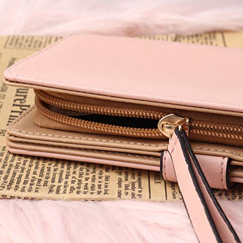 kuou Pink Leather Long Purse, Cute Women Leather Wallet Fashion Ladies Clutch Holder Case Leaf Pendant Coin Zipper
