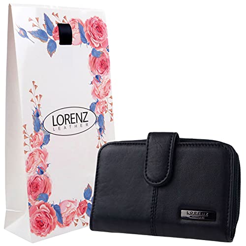 Lorenz Women's Black Nappa Leather Coin Purse/Purse with Zipper Gift Bag, Black, Black