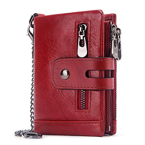 REETEE Women's Leather Wallet RFID Blocking Wallet Women Small Zip 16 Card Slots, Leather Coin Purse Bifold Wallet with Chain, Red, Court paragraphe, Classic