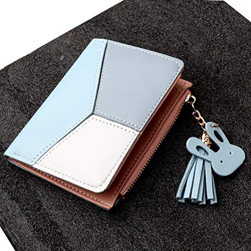 kuou Women's Wallet Ladies Purse Tassel PU Leather Multi-Slots Short Money Bag for Girls with Rabbit-Shaped Metal Tassels Pendant (Blue)