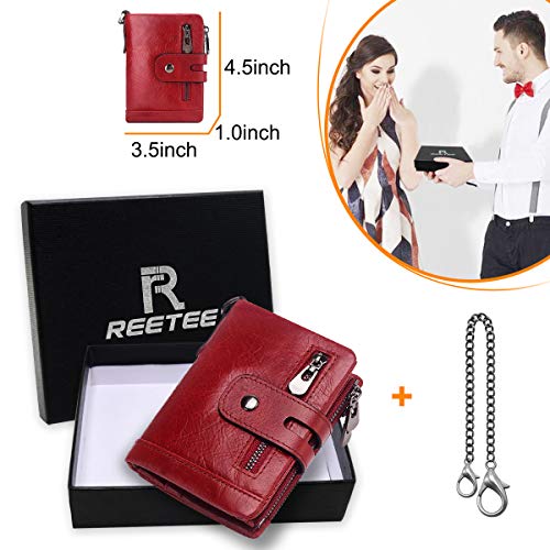 REETEE Women's Leather Wallet RFID Blocking Wallet Women Small Zip 16 Card Slots, Leather Coin Purse Bifold Wallet with Chain, Red, Court paragraphe, Classic